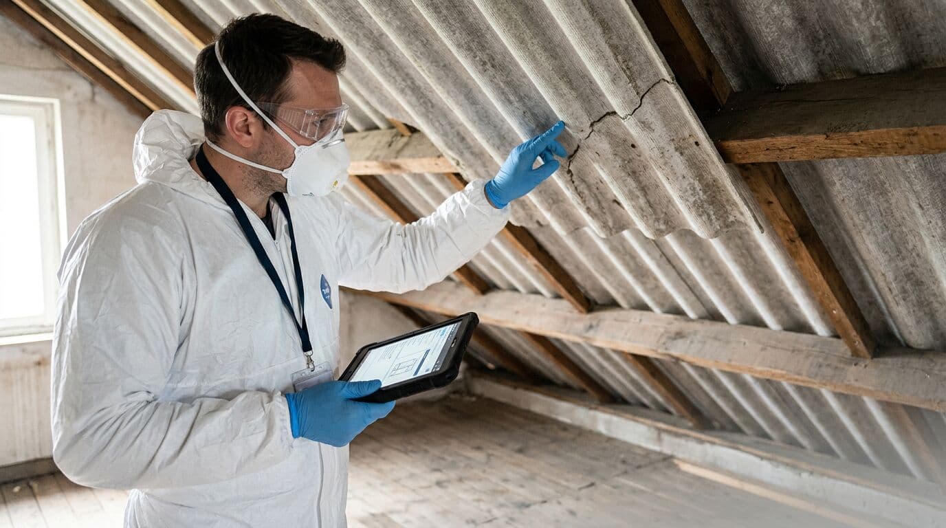 Gecertificeerde inspecteur voert een asbestinspectie uit op oude vezelcementplaten