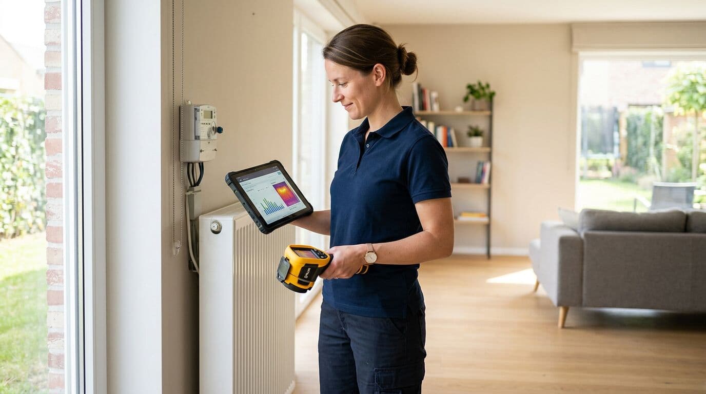 Erkend energiedeskundige voert een EPC-inspectie uit met warmtebeeldcamera en tablet
