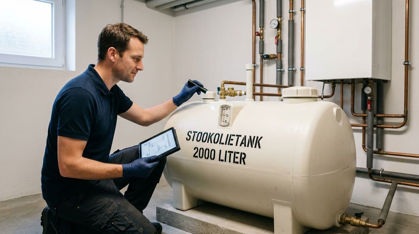 Gecertificeerde inspecteur controleert een dubbelwandige stookolietank in een technische ruimte